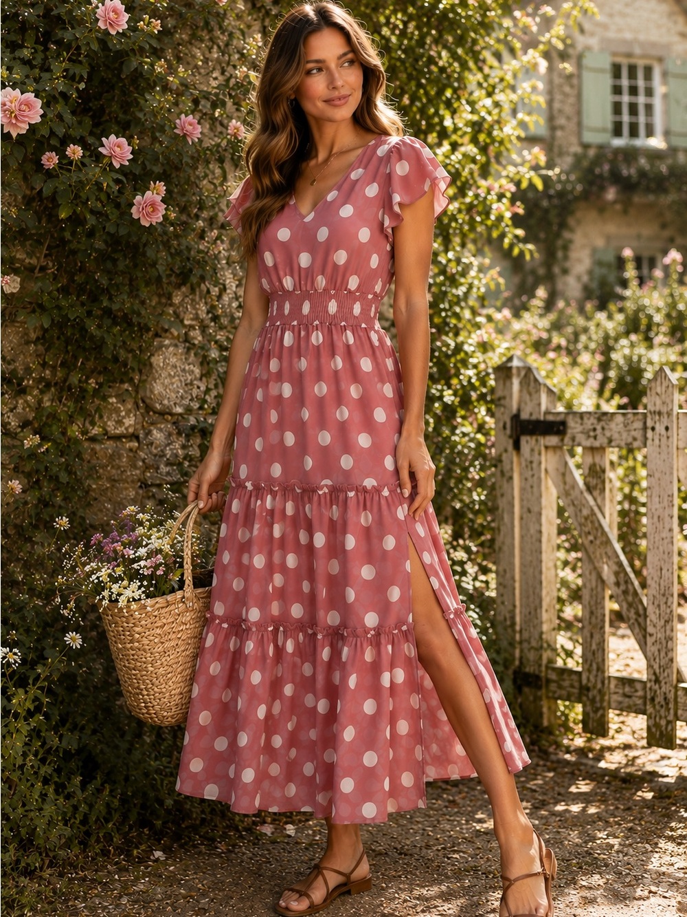 SHEIN Rose Pink Polka Dot Tiered Maxi Dress